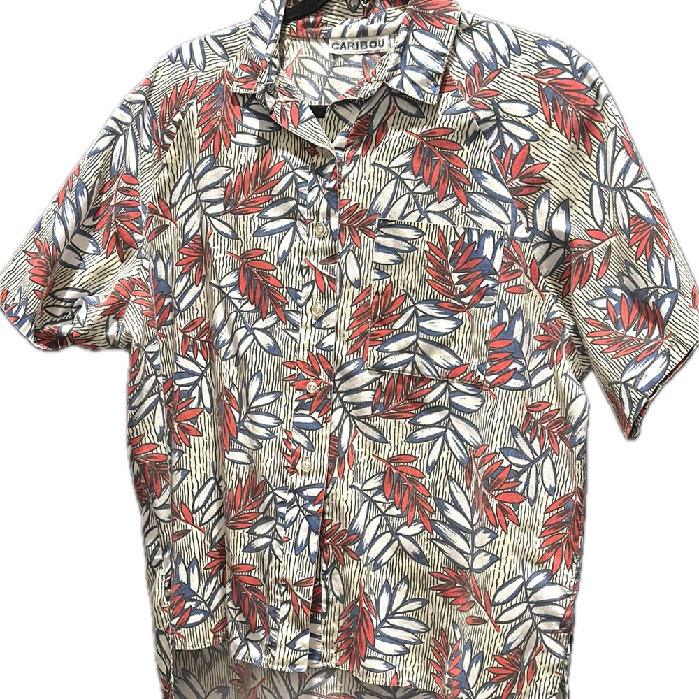 Vintage Caribou | Floral Button Down Shirt | Red and Blue Leaf Print | Size L